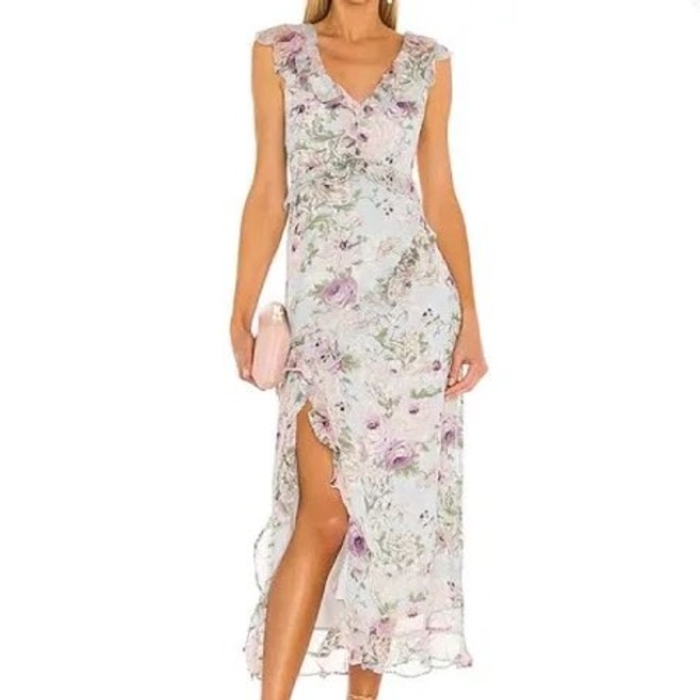 ASTR The Label Ivory Lilac Floral Maxi Dress ACDR100578 Size S Ruffle V-Neck